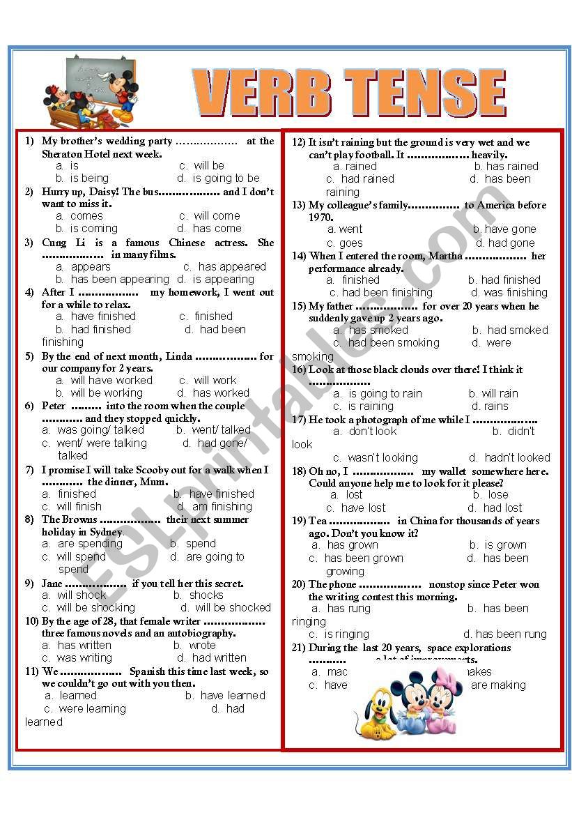 Verb Tense Multiple Choice Worksheet