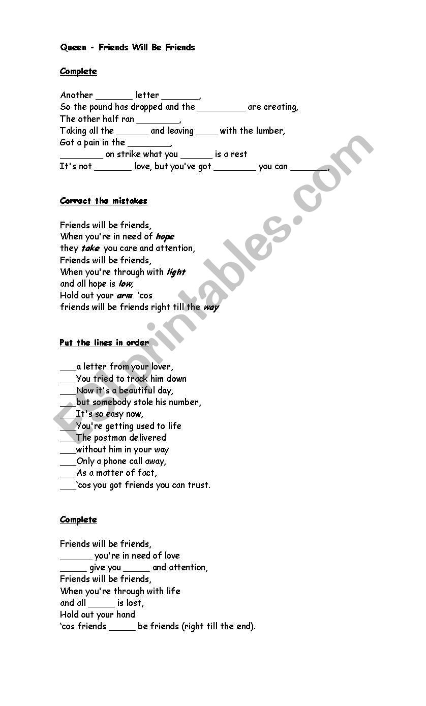 Friends will be friends worksheet