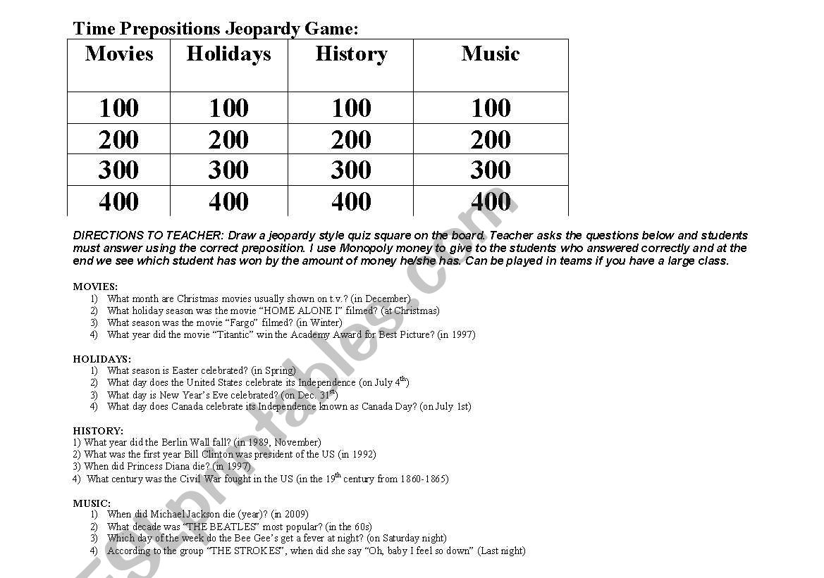Time prepositions Jeopardy Game
