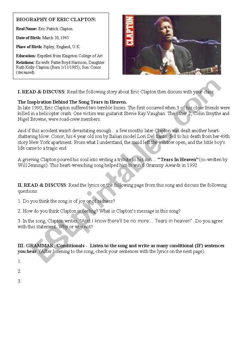 4 Tears in Heaven English ESL worksheets pdf & doc