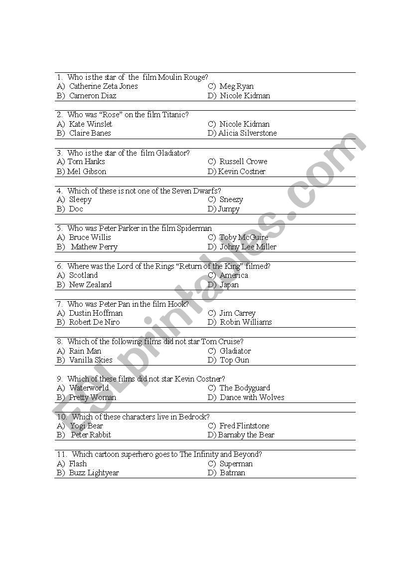 Movie trivia worksheet