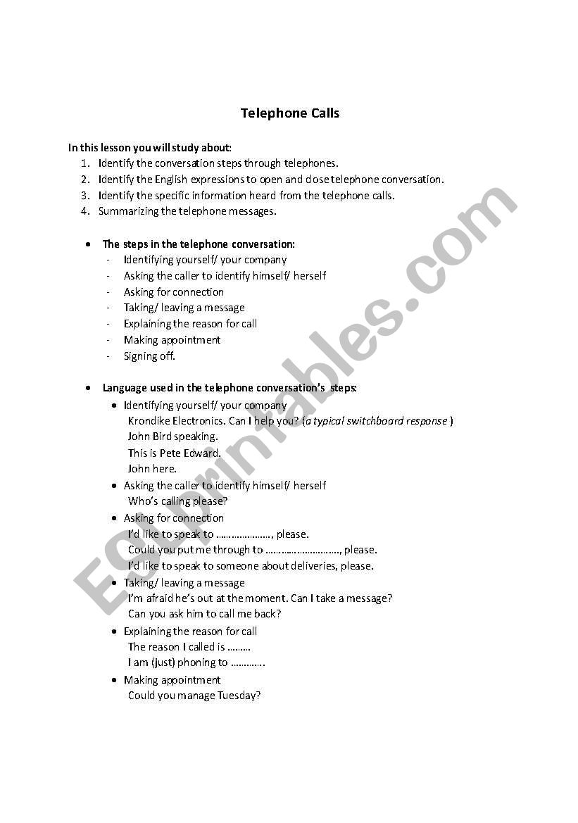 telephone calls worksheet
