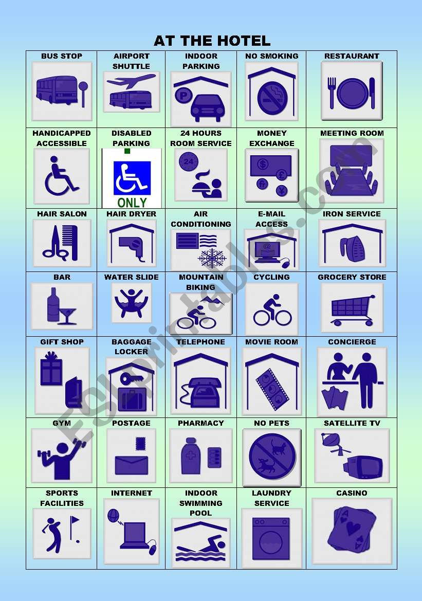 AT THE HOTEL/SIGNS/PICTIONARY worksheet