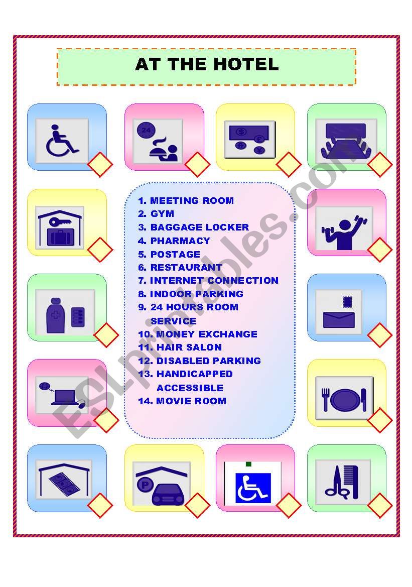 AT THE HOTEL/SIGNS/MATCHING worksheet
