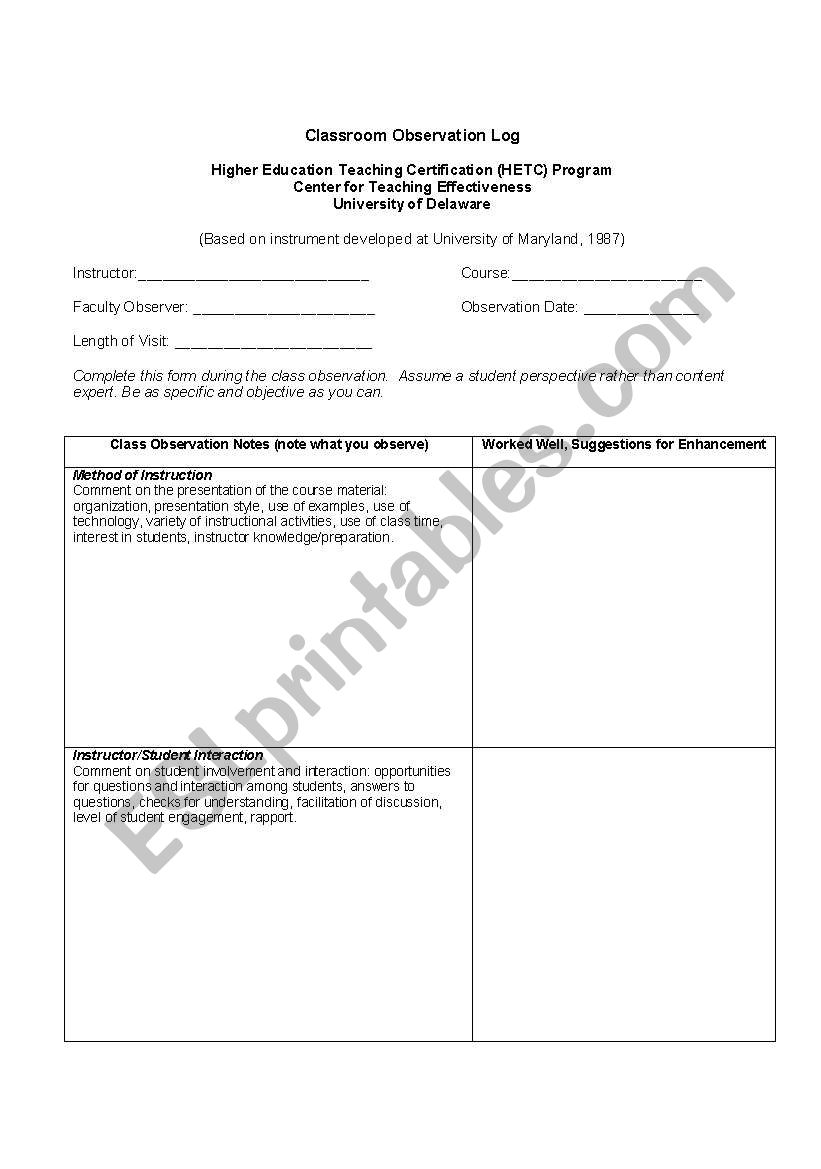 Classroom Observation Log worksheet