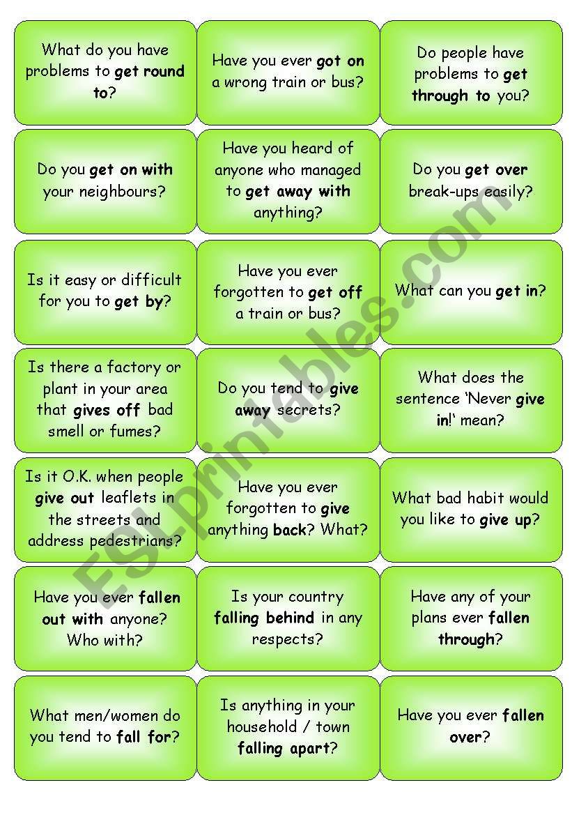 Phrasal Verbs - question cards - ESL worksheet by Petpet