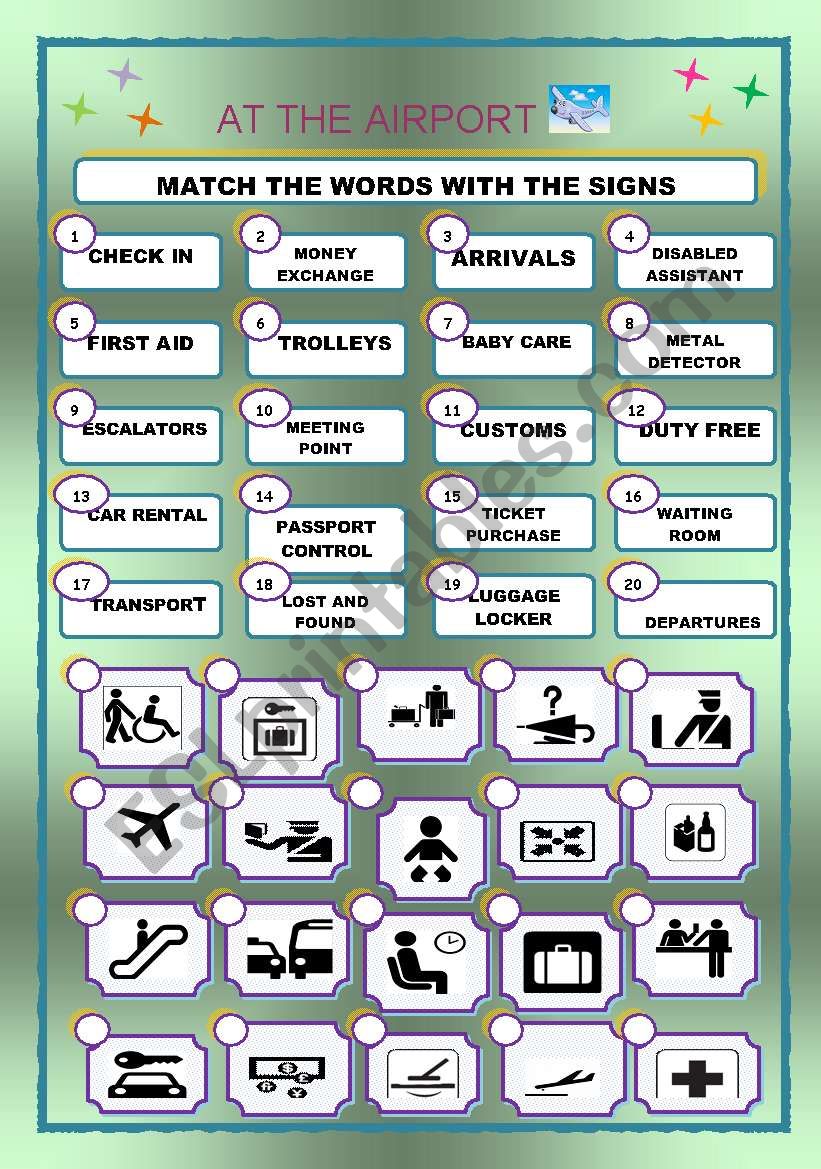 AT THE AIRPORT/SIGNS/MATCHING worksheet