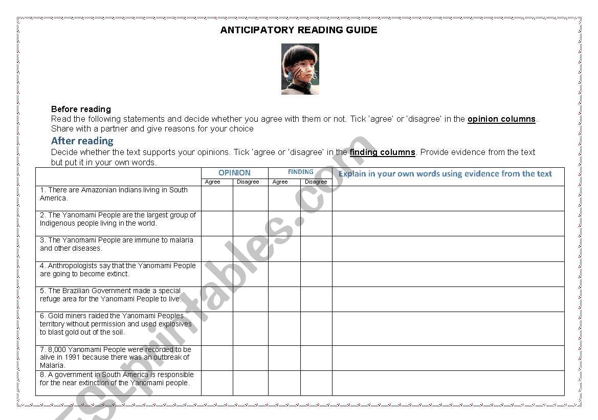 Yanomami People Anticipatory Reading Guide