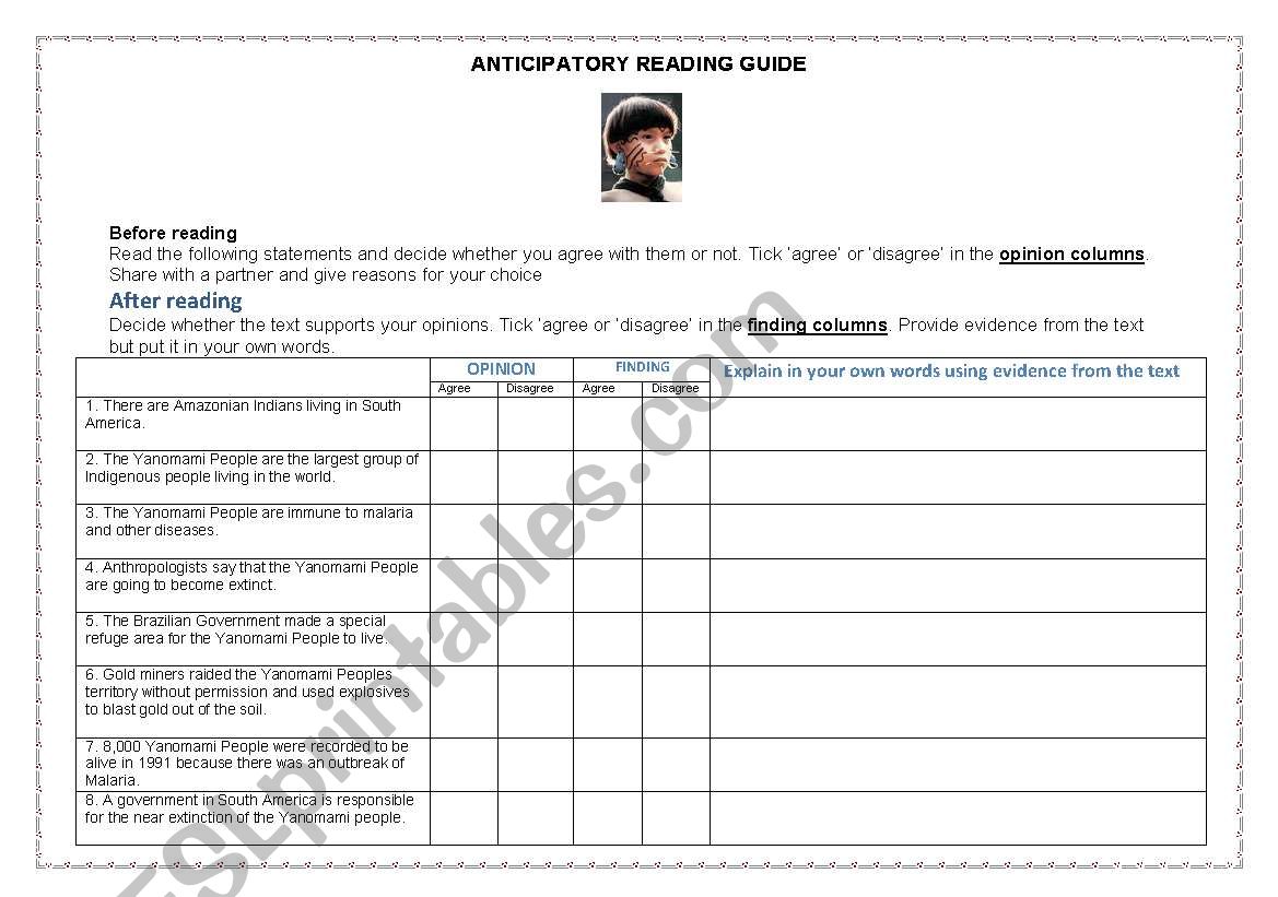 Yanomami People Anticipatory Reading Guide