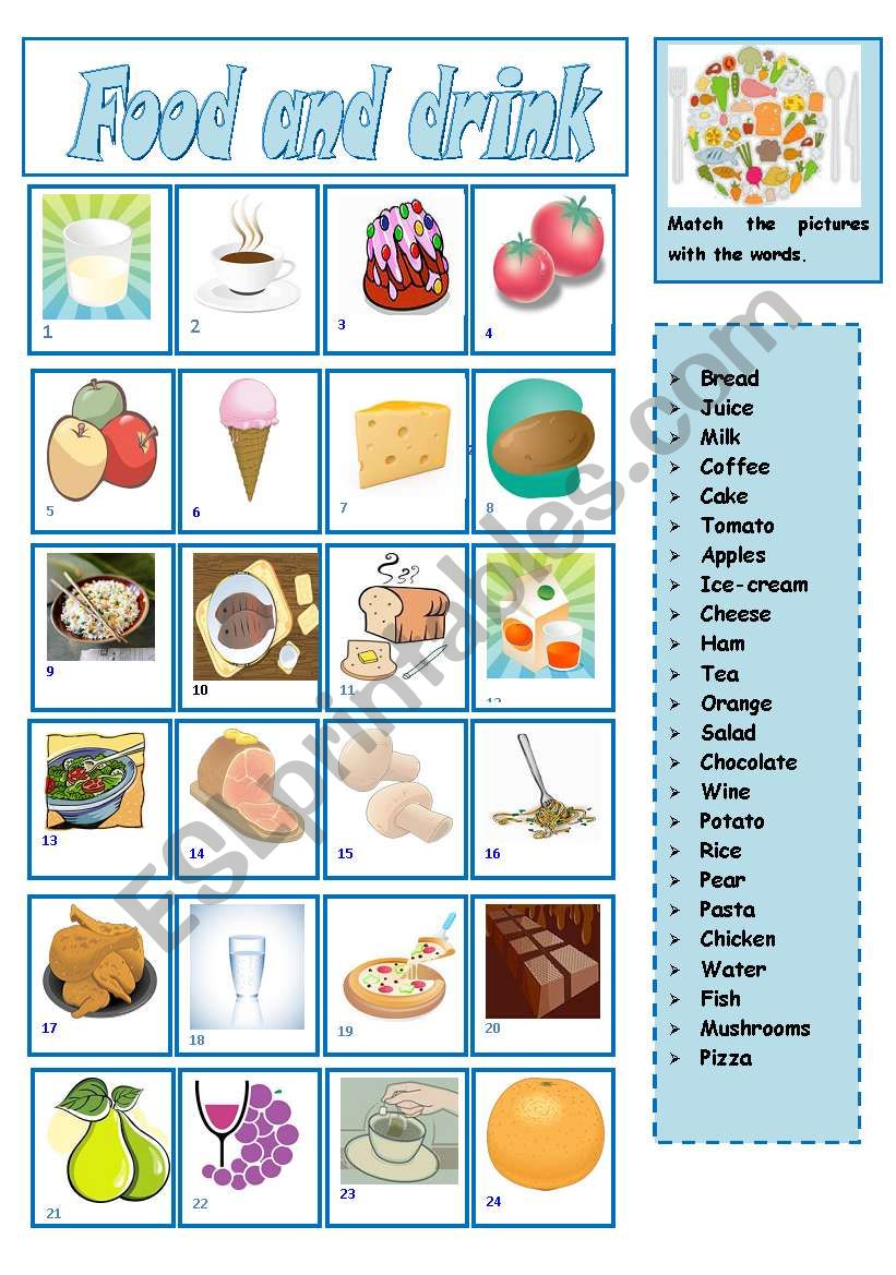 Food and drink - matching worksheet
