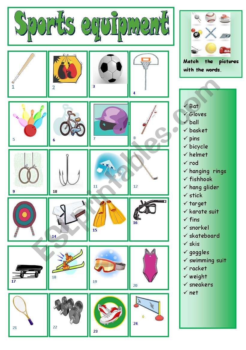 Sports equipment - matching worksheet