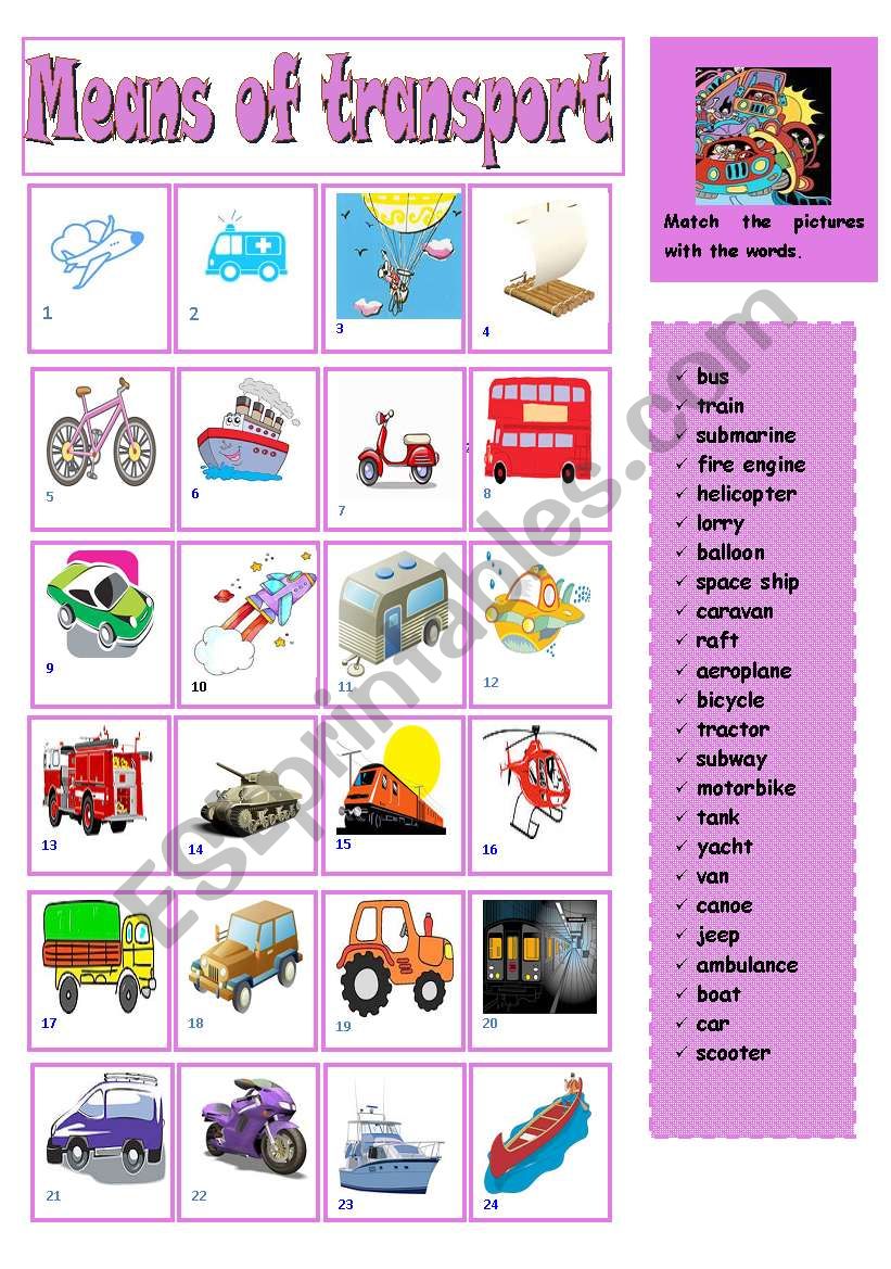 Means of transport - matching worksheet
