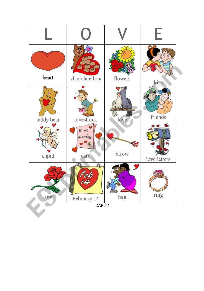 Valentine bingo card 1 worksheet