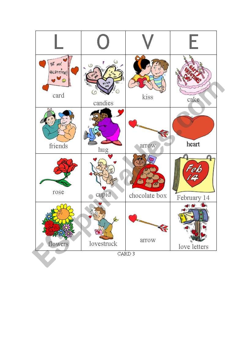 Valentine bingo - Card 3 worksheet