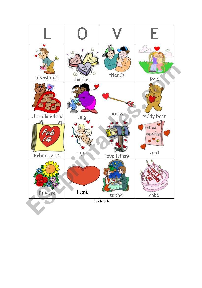 Valentine bingo - Card 4 worksheet