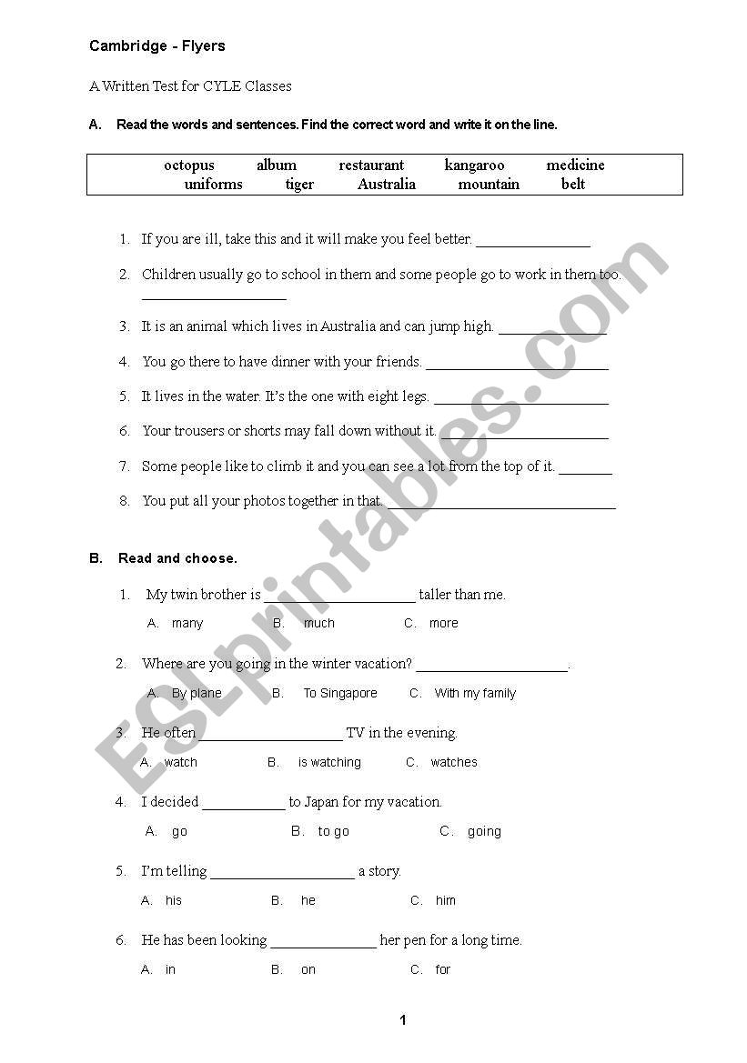 Cambridge - Flyers exercise 1 worksheet