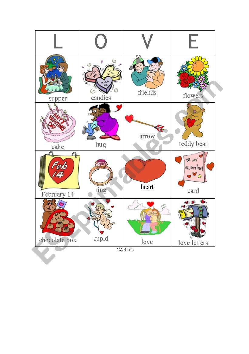 Valentine bingo - Card 5 worksheet