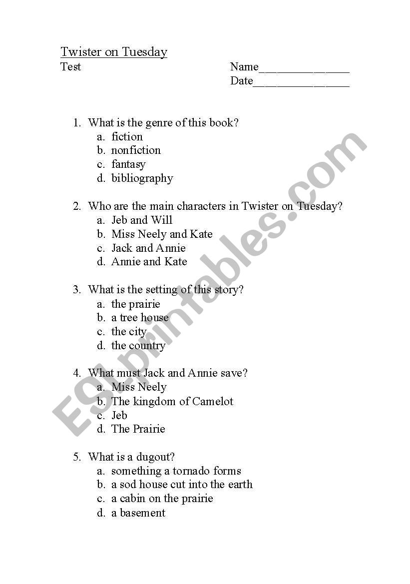 Twister on Tuesday Test worksheet