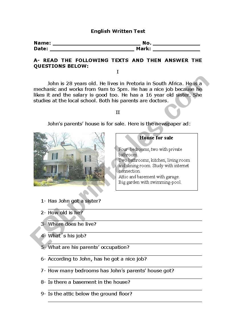 Revision Test on Housing  worksheet