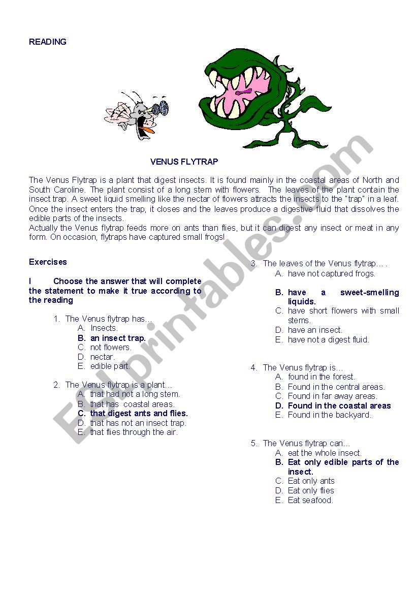 READING  THE VENUS FLYTRAP worksheet