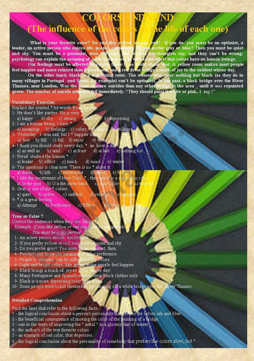 COLOR AND MIND (WITH KEY ) worksheet