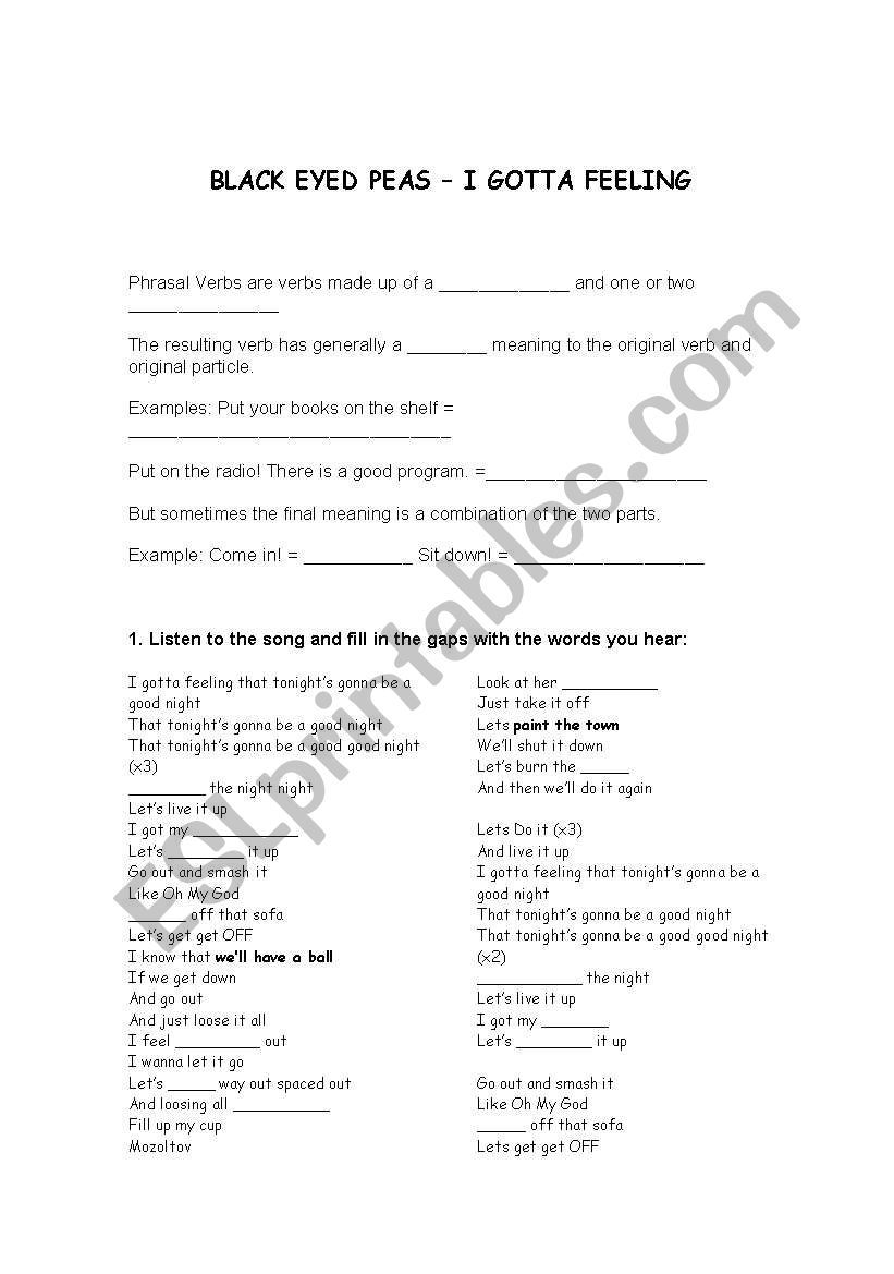 Song - I gotta feeling worksheet