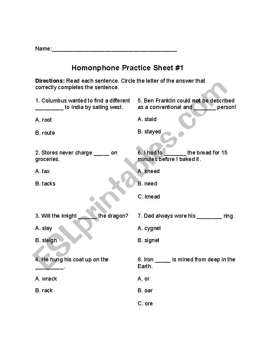 Homophones worksheet