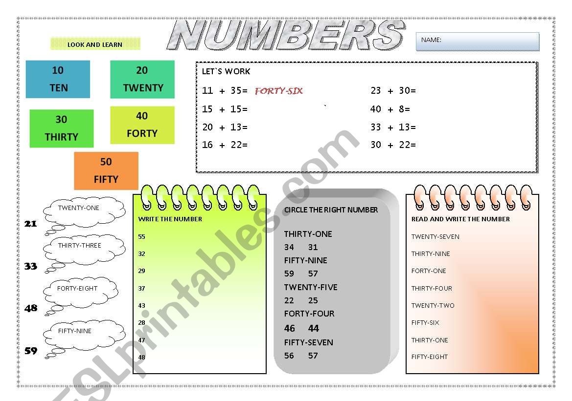 NUMBERS 20-59 worksheet