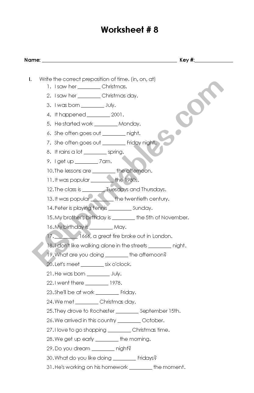 Prepositions of Time worksheet