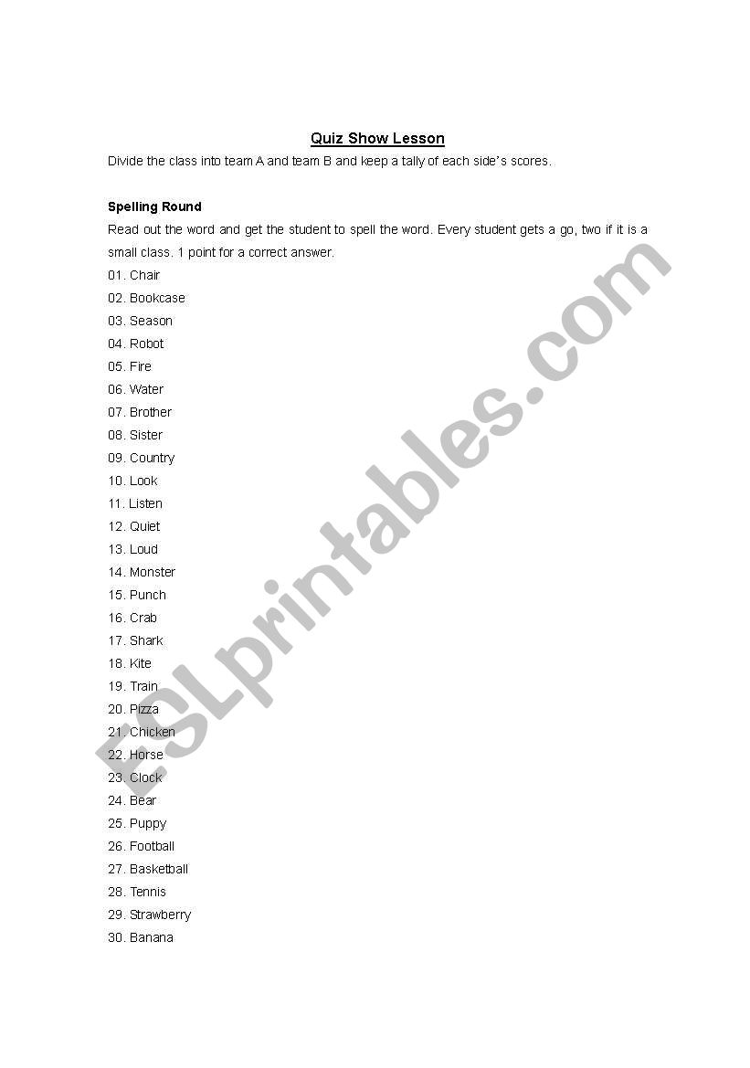 Quiz Show Lesson worksheet