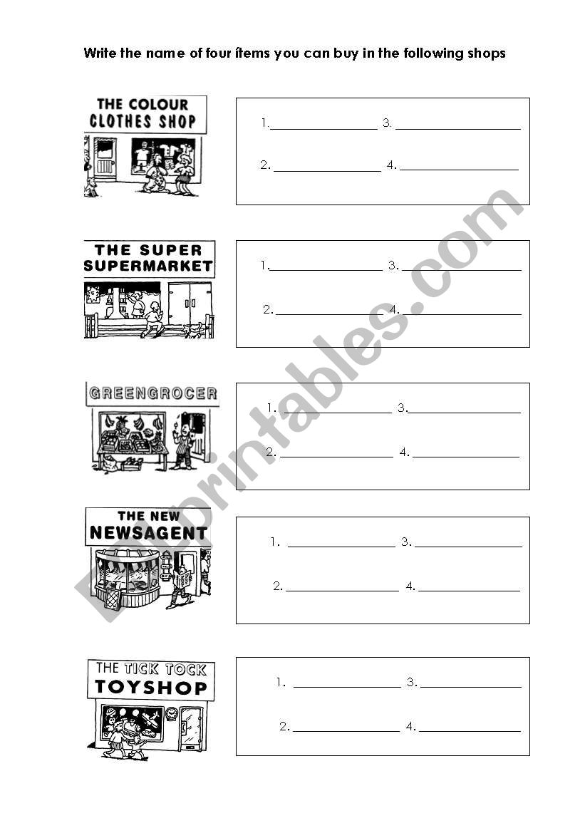 Shops in a town worksheet