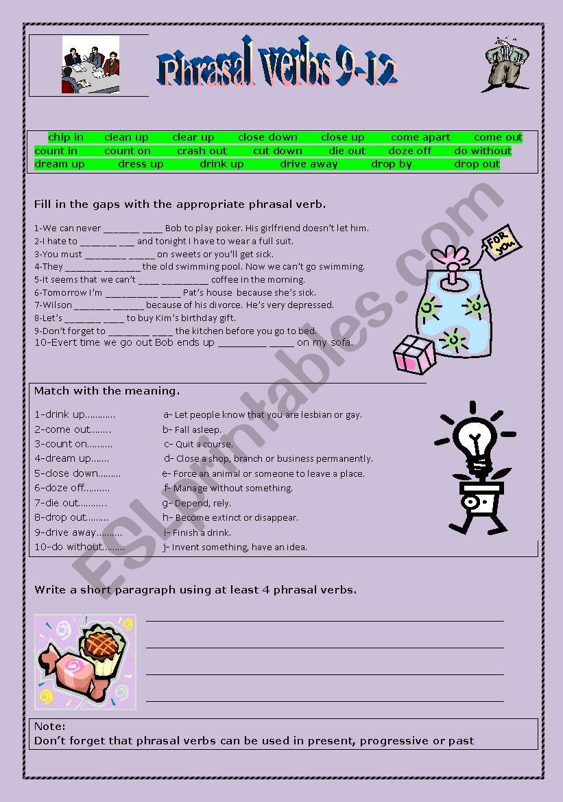 Phrasal verbs review 9-12 worksheet