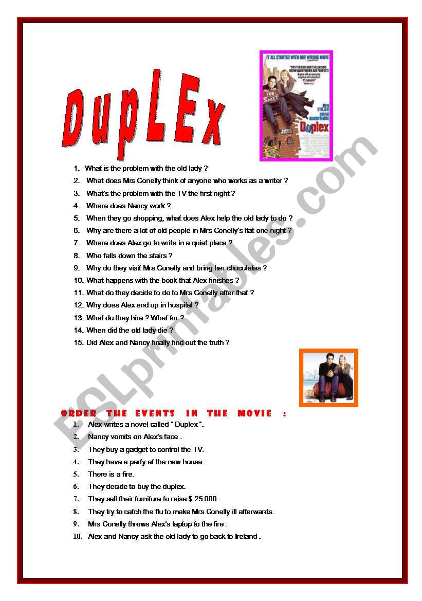 Duplex, the movie worksheet