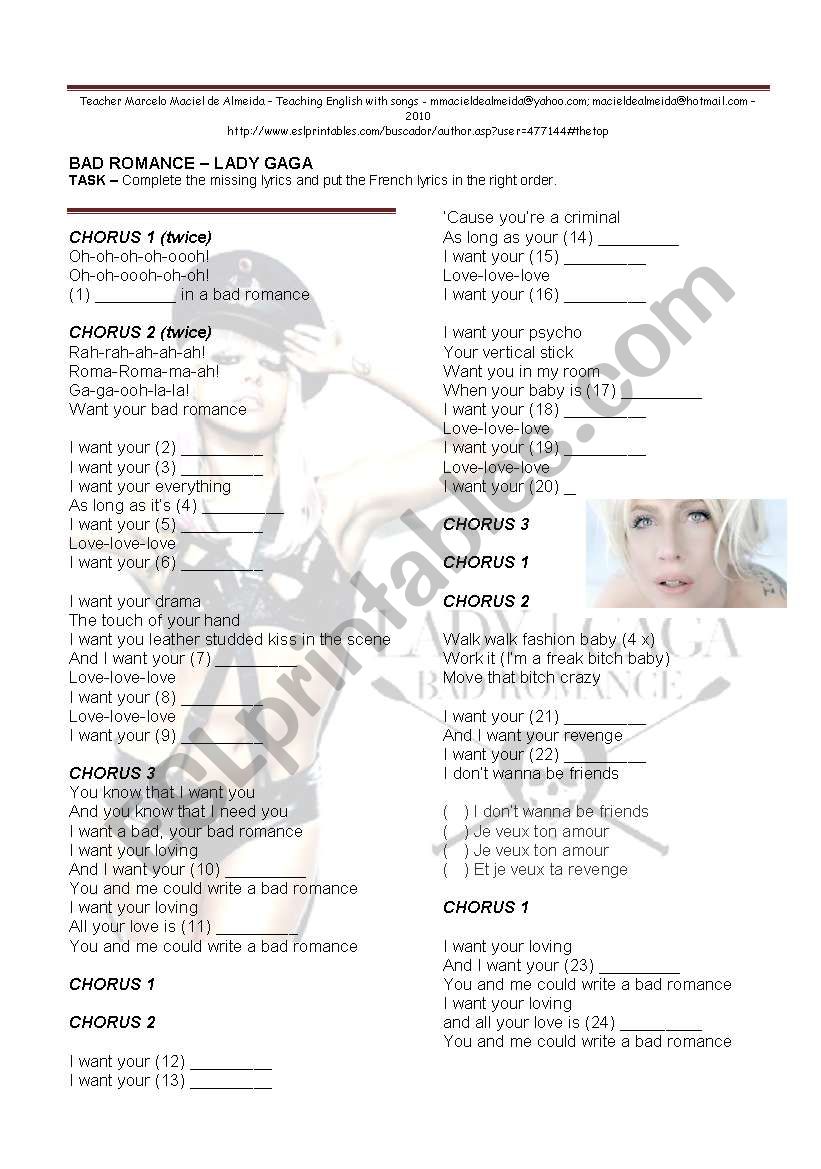 BAD ROMANCE - LADY GAGA worksheet