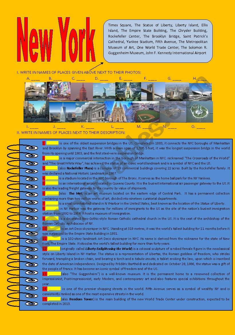 New York City  landmarks (fully editable,+answer key!)