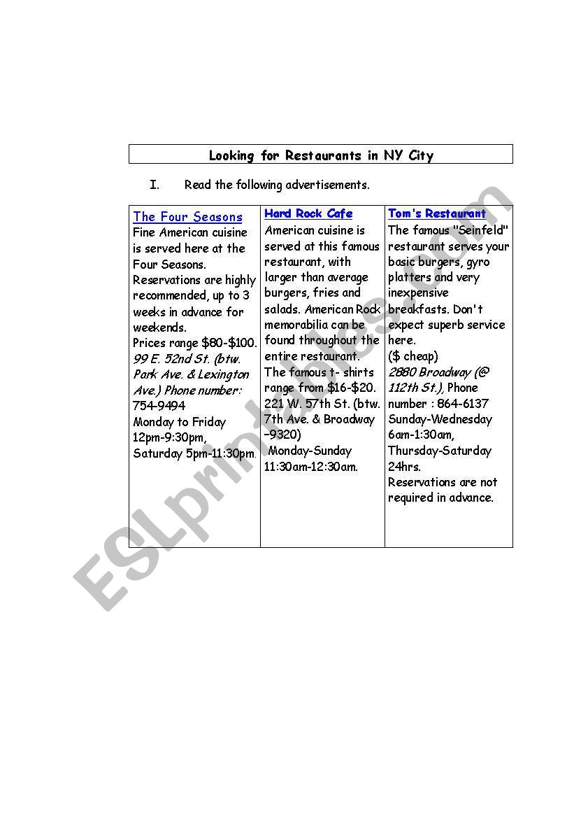 comparative reading exercise  worksheet