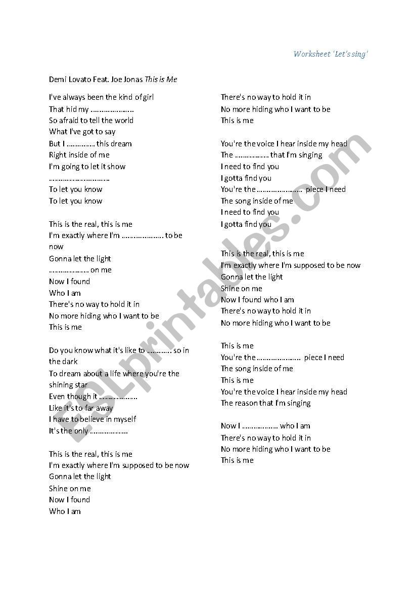 This is me Lyric Worksheet worksheet