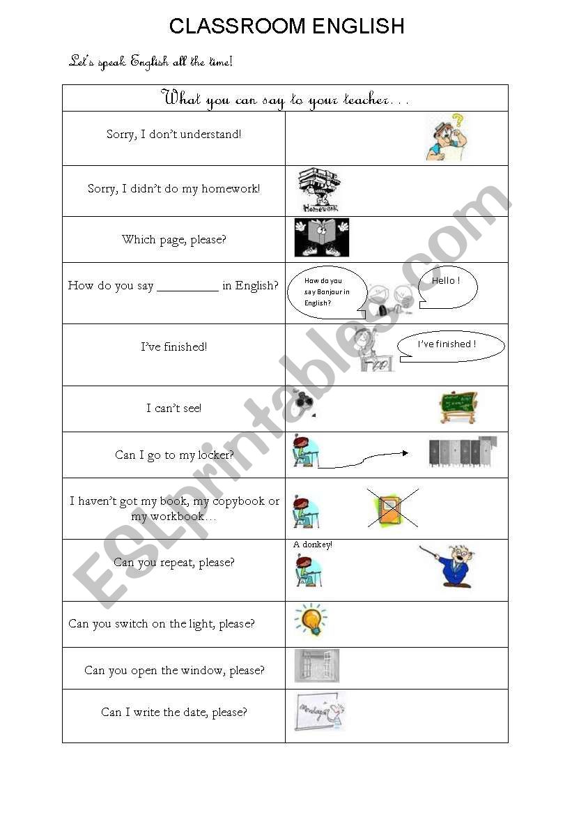 Classroom language worksheet