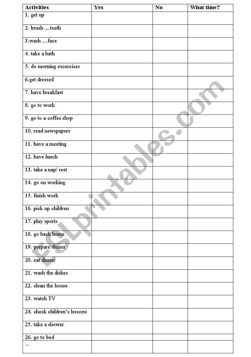 daily activities worksheet