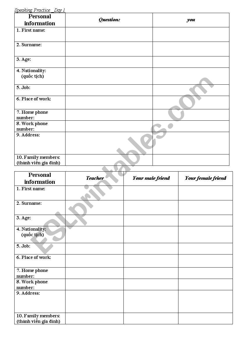 personal information worksheet