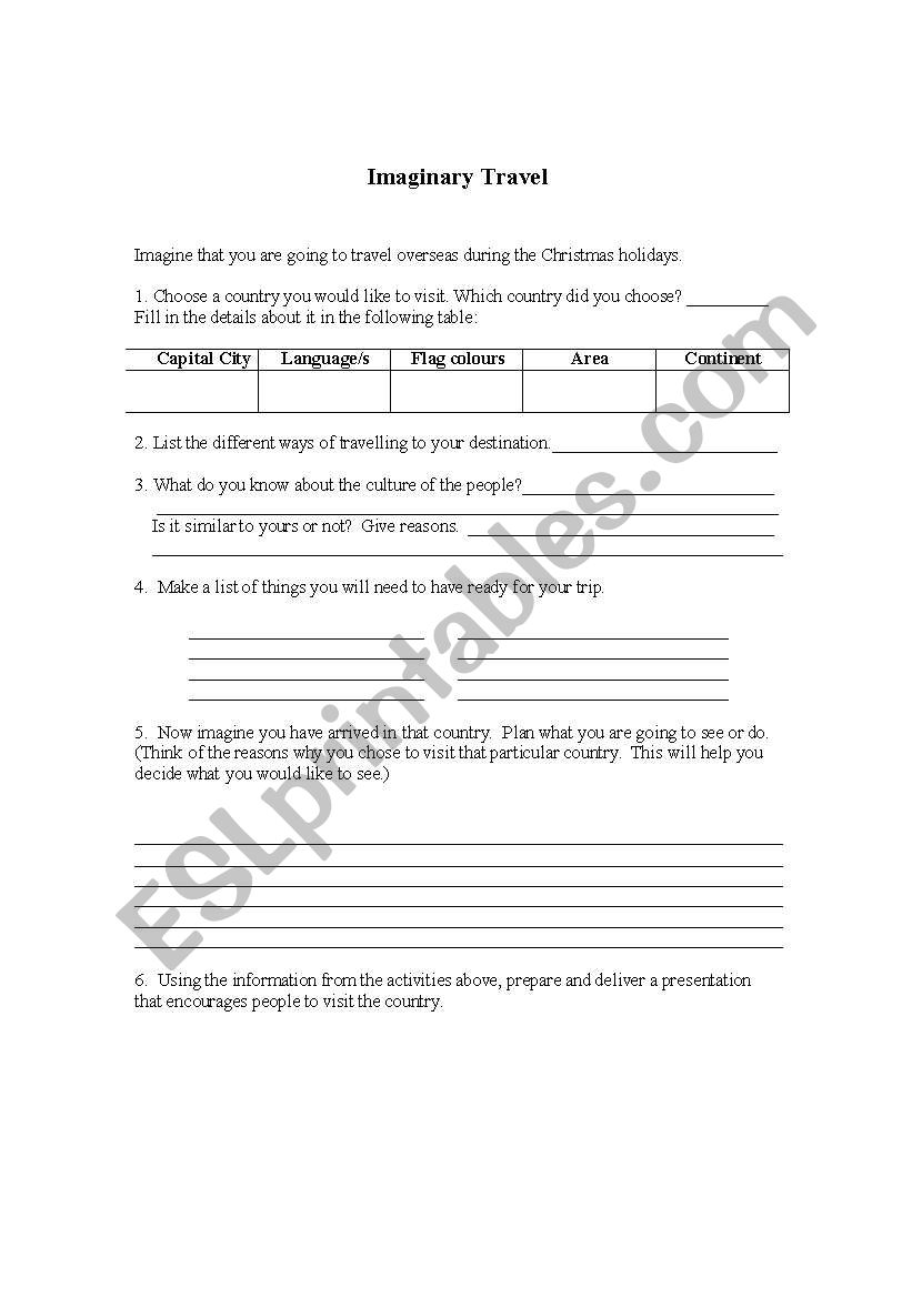 Imaginary Travel worksheet