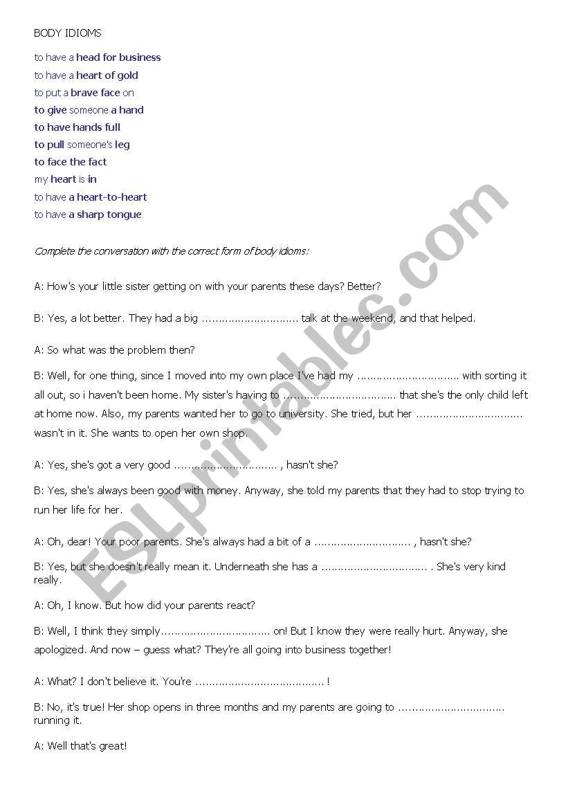 Body IDIOMS worksheet