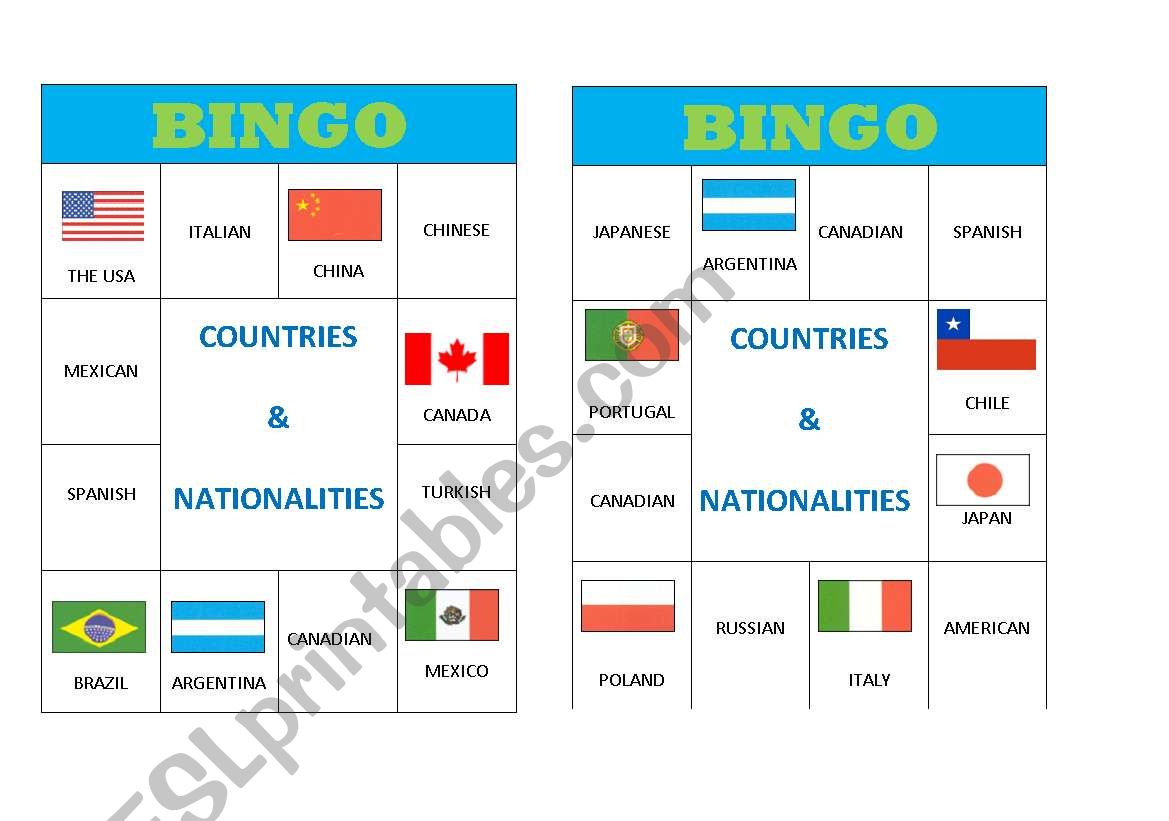 Bingo cards - countries and nationalities