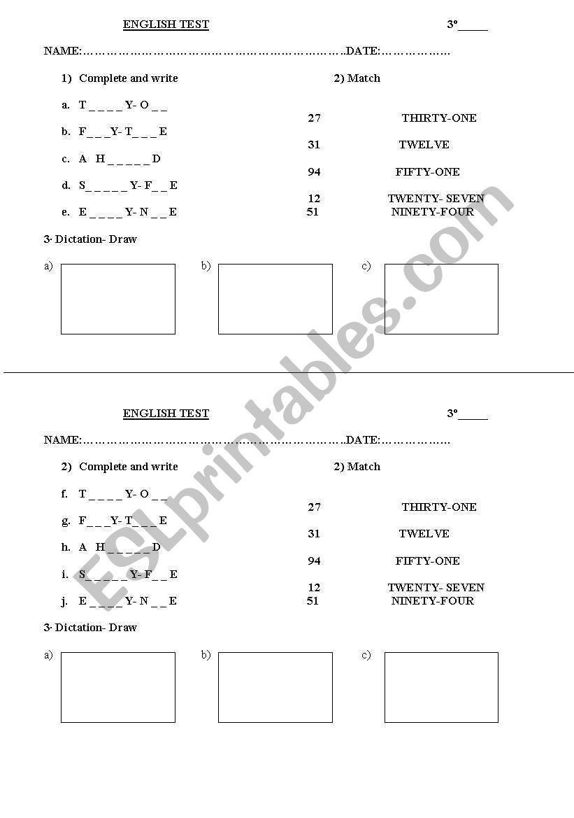 numbers. test worksheet