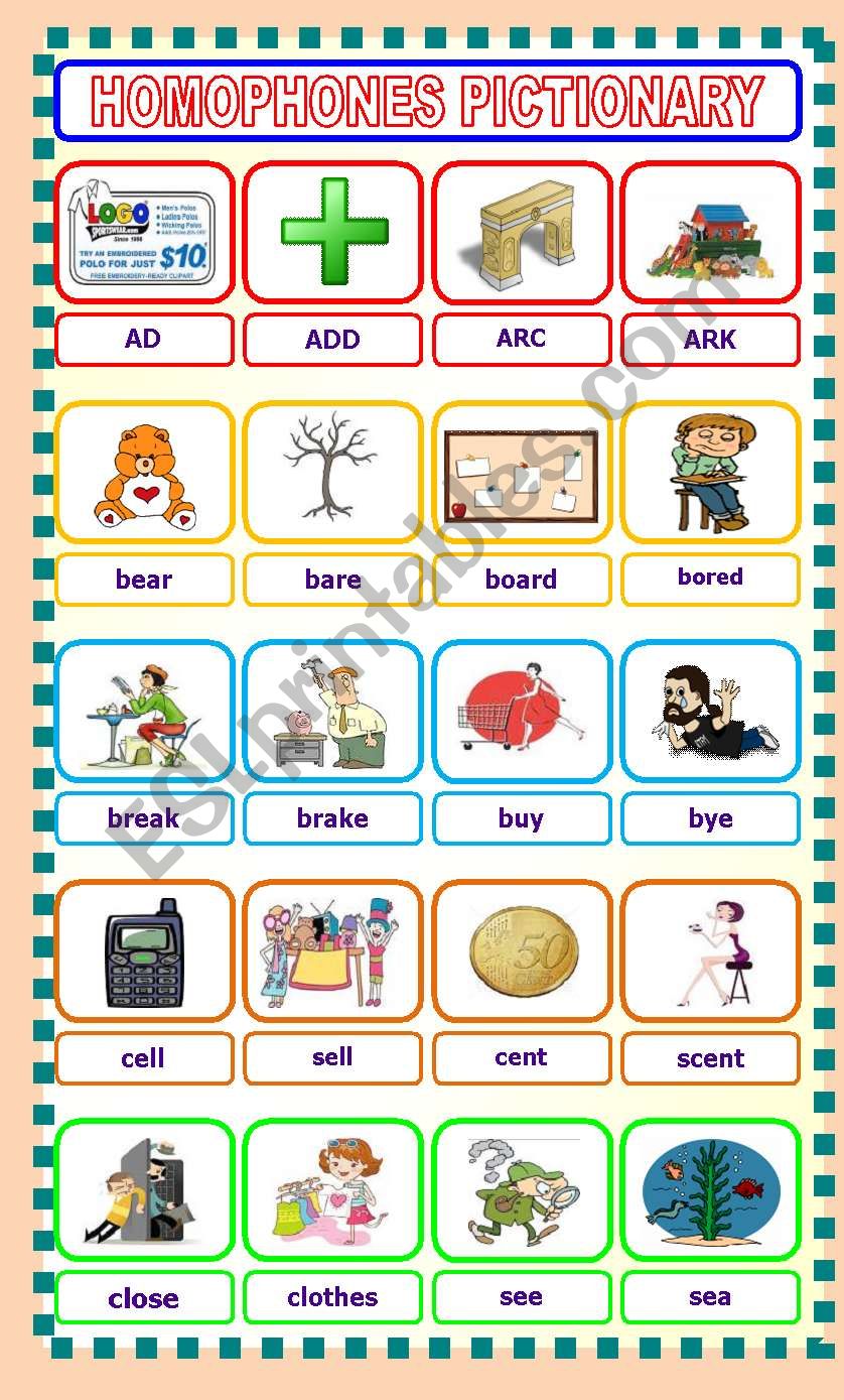 Homophones Pictionary! worksheet