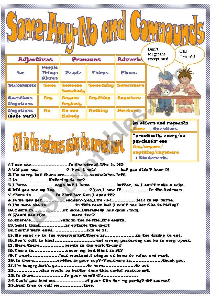 Some-Any-No and Compounds worksheet