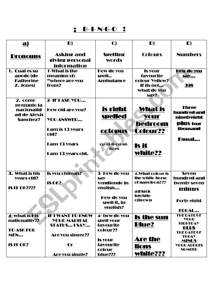 Bingo worksheet