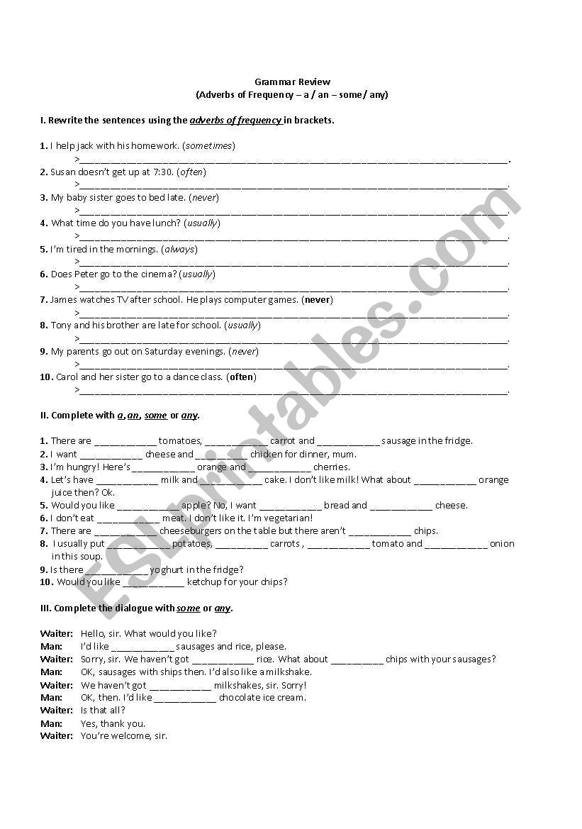 Adverbs of frequency & a/an/some/any Review