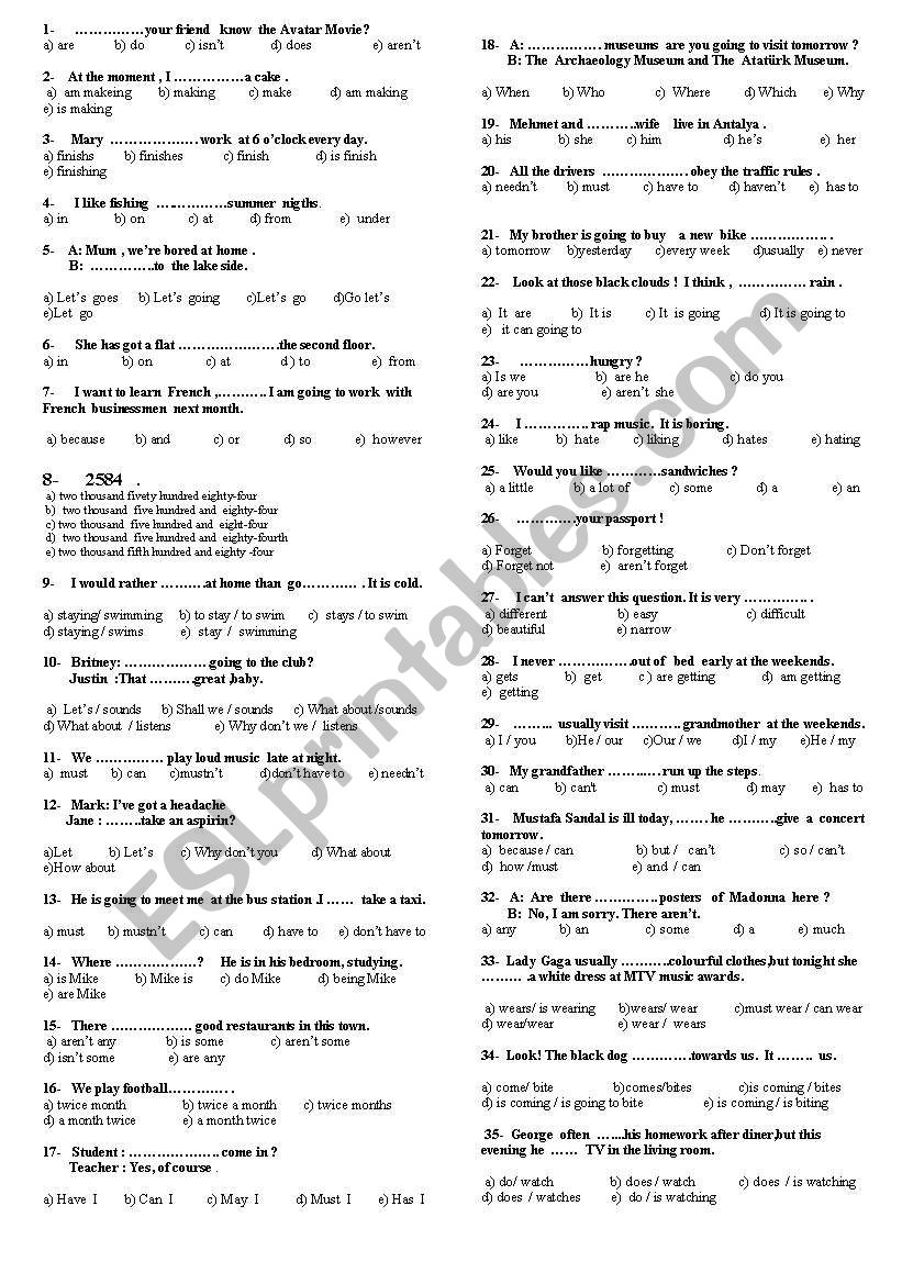 a review TEST worksheet
