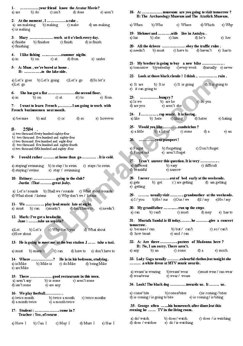 a review TEST worksheet